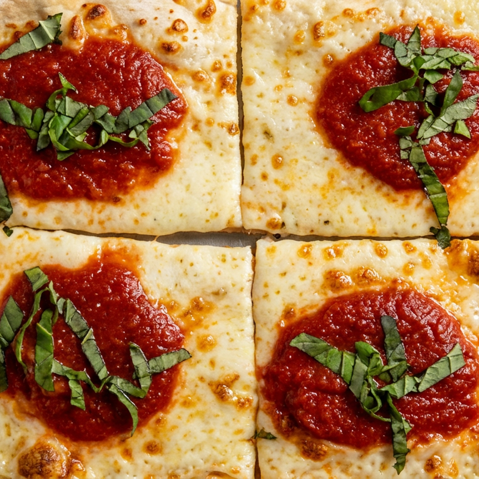 Square cheese pizza divided into four slices, each topped with tomato sauce and fresh basil, served on a metal tray.