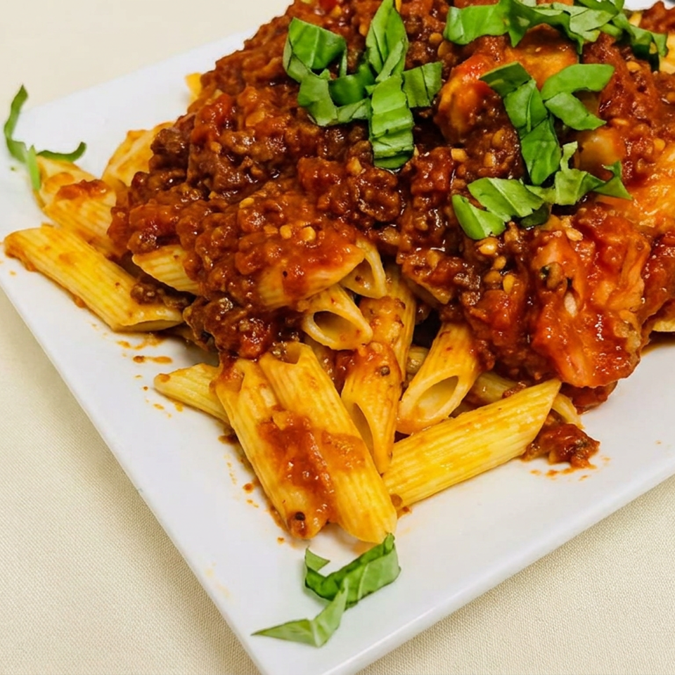 Penne pasta topped with chunky meat sauce and fresh basil, served on a white square plate.