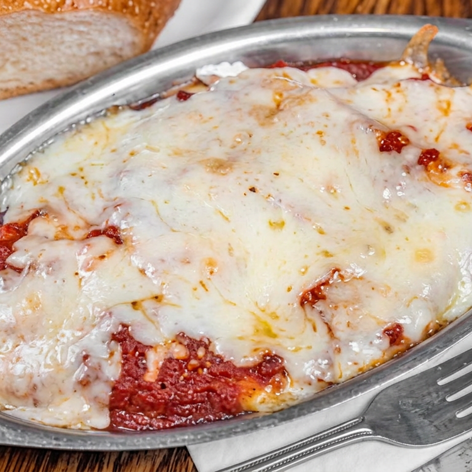 Cheesy chicken parmesan baked in tomato sauce, served in a metal dish with sliced bread, fork, and knife.