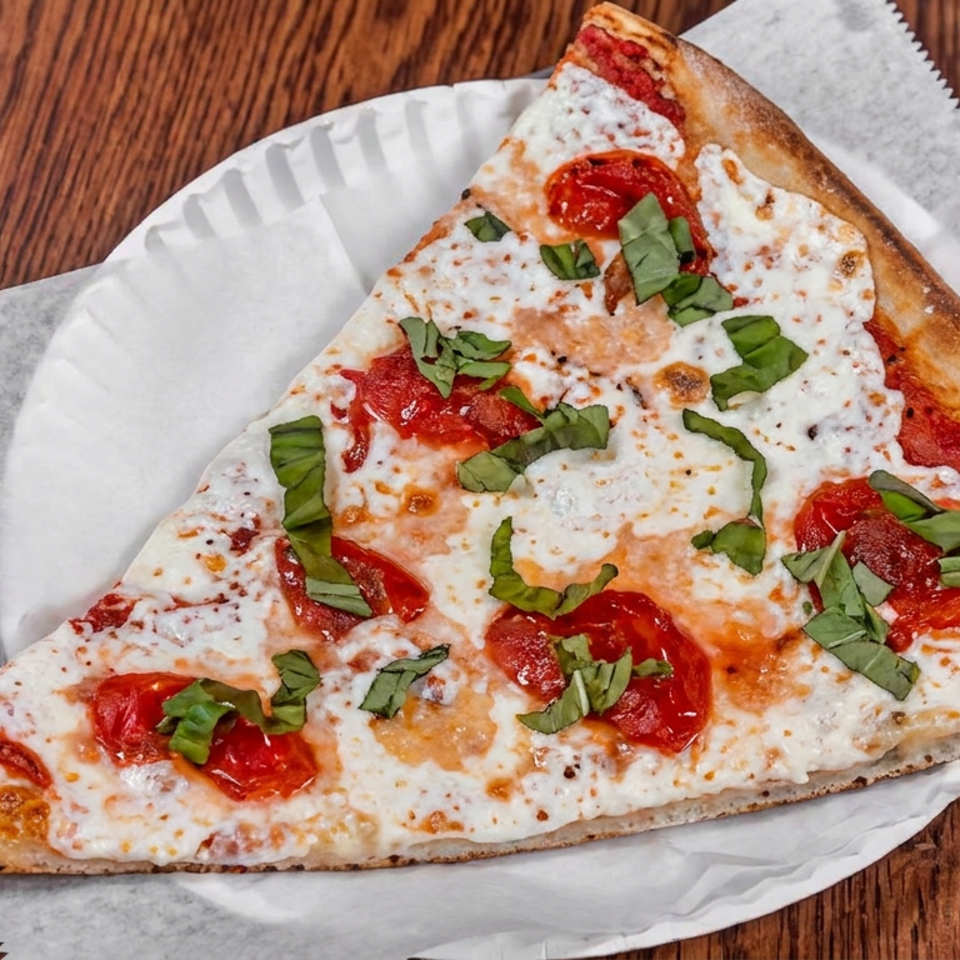 Margherita pizza slice topped with melted cheese, roasted tomatoes, and fresh basil on parchment-lined plate over a wooden table.