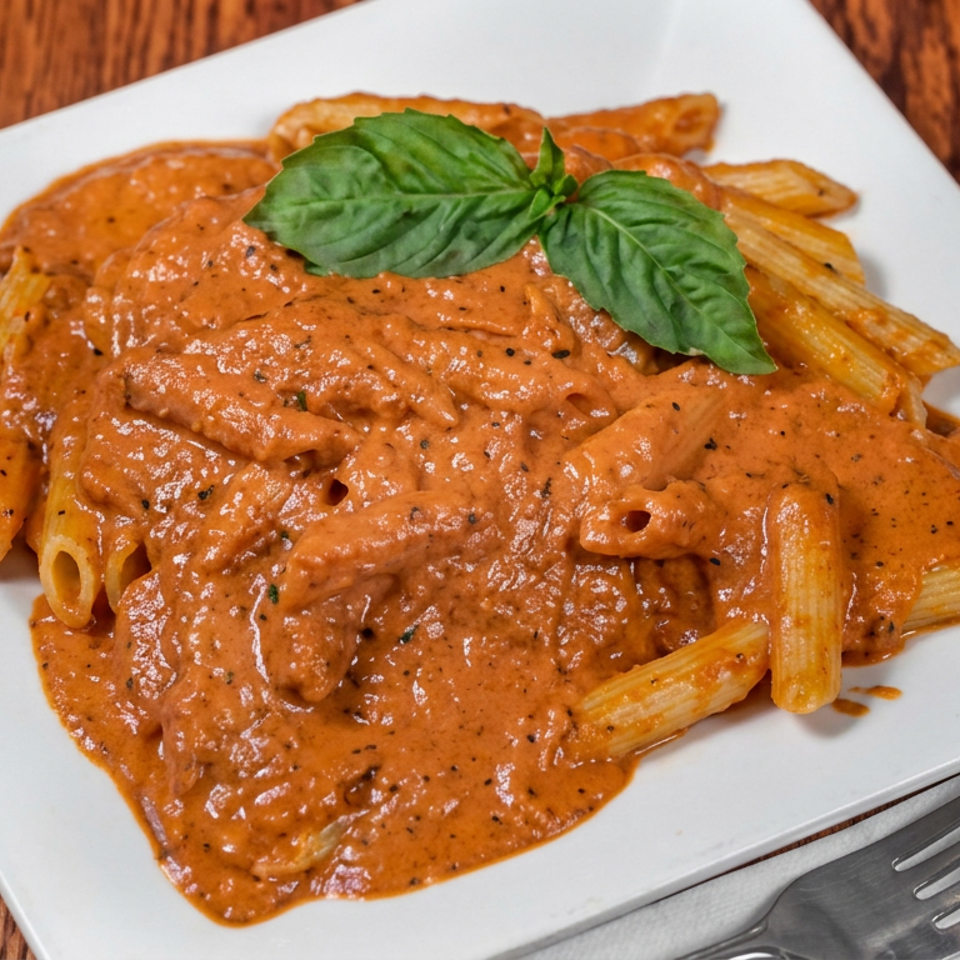 Penne pasta covered in creamy tomato sauce, garnished with fresh basil, on a white plate beside a fork.