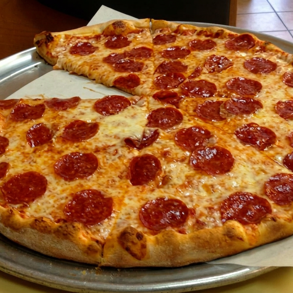 Large pepperoni pizza with melted cheese, cut into slices and served on a metal tray in a casual restaurant.