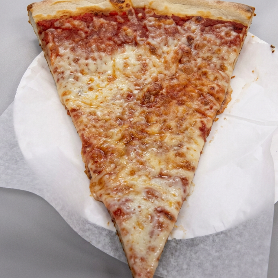 Large cheese pizza slice on white paper, featuring browned melted cheese and a thick crust.