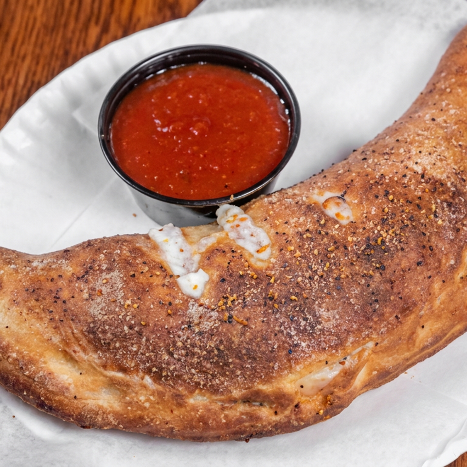 Golden-brown folded calzone sprinkled with herbs, served on a paper plate with marinara dipping sauce.