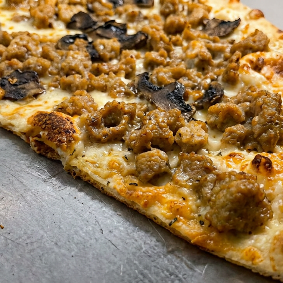 Rectangular cheesy flatbread topped with browned sausage crumbles and sliced mushrooms on a gray surface.